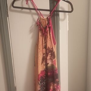 Save the Queen Pink and Orange Sleeveless Halter Sundress for Resort Wear